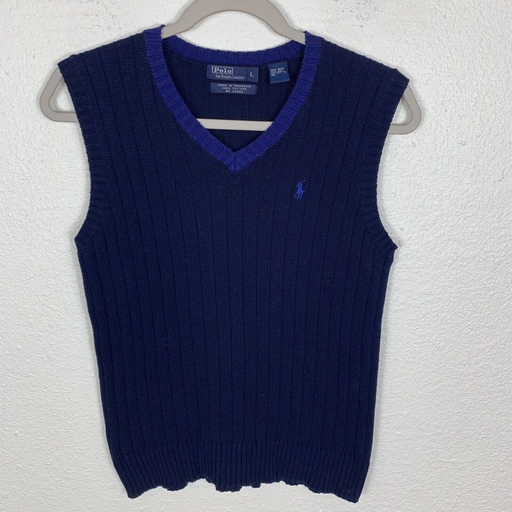 Polo Ralph Lauren Womens L Blue Chunky Knit Sweater Vest V Neck Pony Preppy Y2K